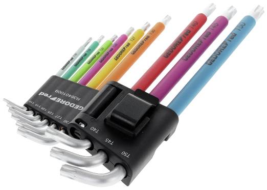 Set von neun bunten Inbusschlüsseln in Halterung, jeweils mit Größenangabe, von 1,5 mm bis 10 mm, für verschiedene Schraubenanwendungen geeignet.