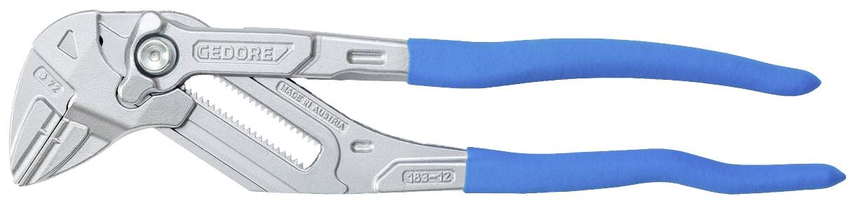 Silberfarbene Wasserpumpenzange mit blauen Griffen, geöffnet. Eignet sich zum Greifen und Halten von Rohren und anderen Objekten.