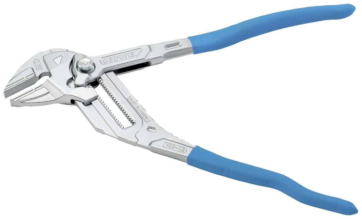 Eine verstellbare Wasserpumpenzange mit blauen Griffen, die zum Greifen und Halten von Rohren oder anderen runden Objekten verwendet wird.