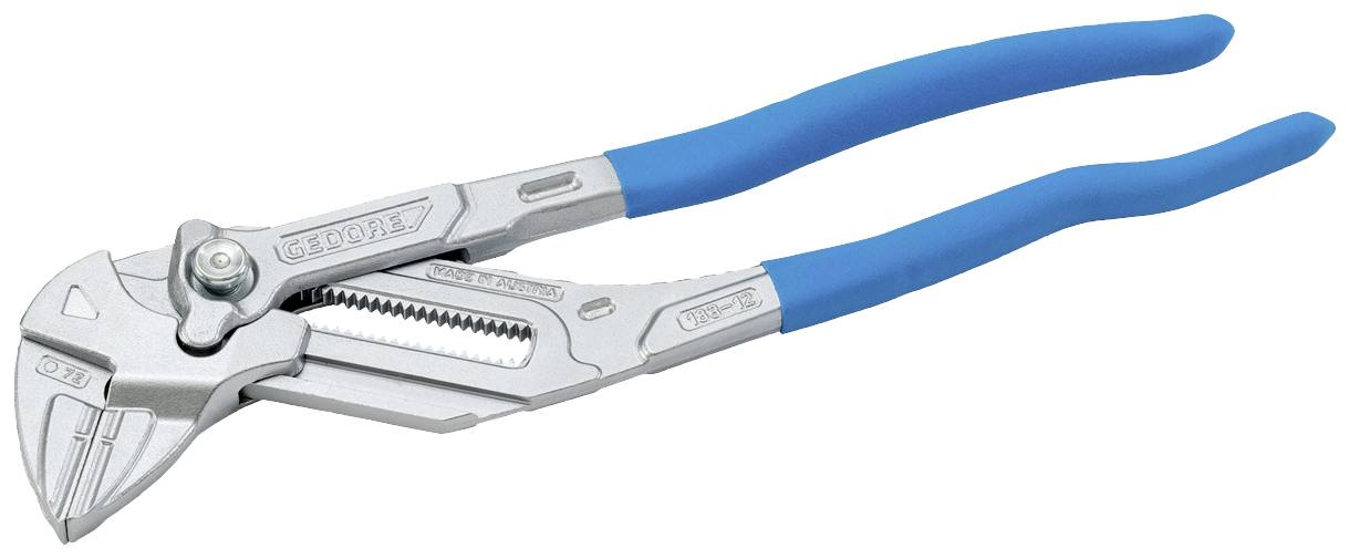 Eine verstellbare Zange mit blauen Griffen und silbernem Körper, geeignet zum Greifen und Drehen verschiedener Objekte.