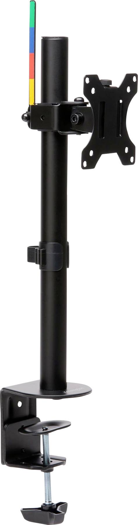 Schwarzer, verstellbarer Monitorarm mit einer Klemmvorrichtung zur Befestigung am Schreibtisch, ausgestattet mit einem farbigen Höheneinstellungsindikator.