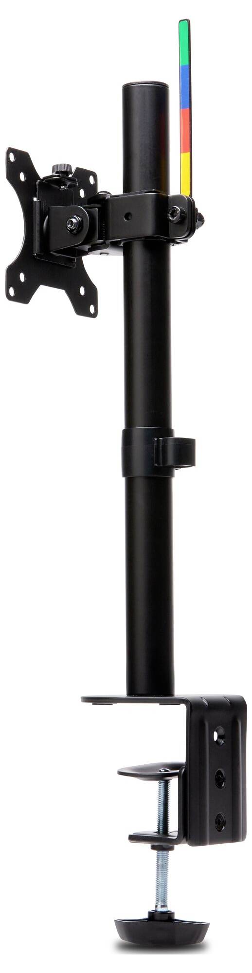 Ein schwarzer, verstellbarer Monitorhalter mit horizontaler Klemmhalterung und farbiger Höhenanzeige. Geeignet für Schreibtischinstallationen und zur Verbesserung der Arbeitsplatzflexibilität.