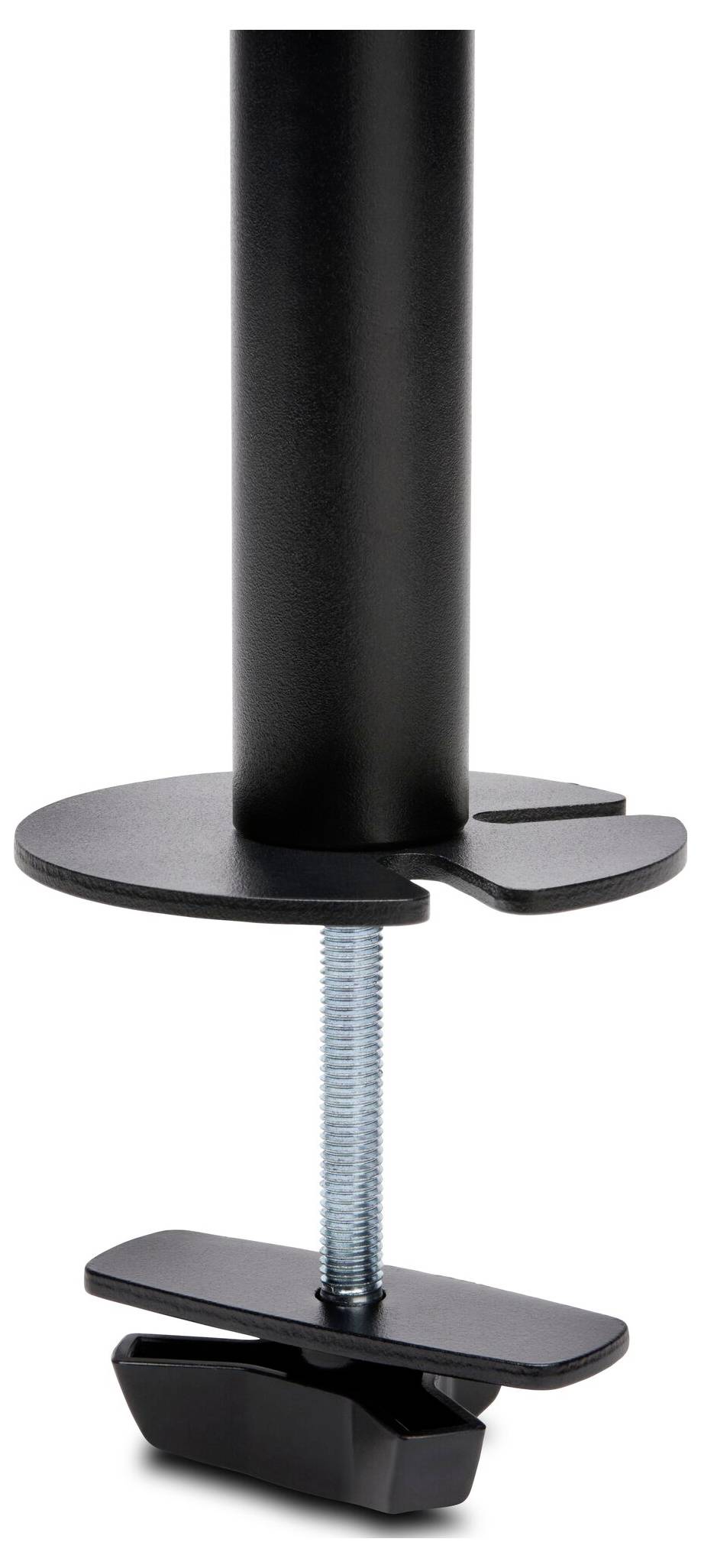Eine schwarze Metallklemme mit einer Gewindeschraube. Sie wird verwendet, um Objekte an einer Oberfläche zu befestigen, mit einer runden Basis und verstellbarem Griff.