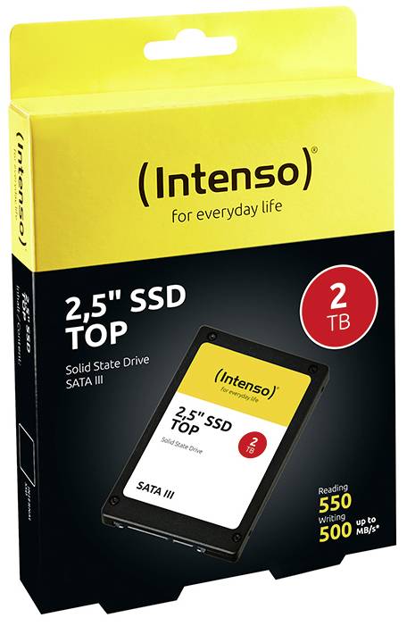 Verpackung einer 2,5 Zoll SSD von Intenso mit 2 TB Speicher, SATA III Schnittstelle. Lesegeschwindigkeit: 550 MB/s, Schreibgeschwindigkeit: 500 MB/s.