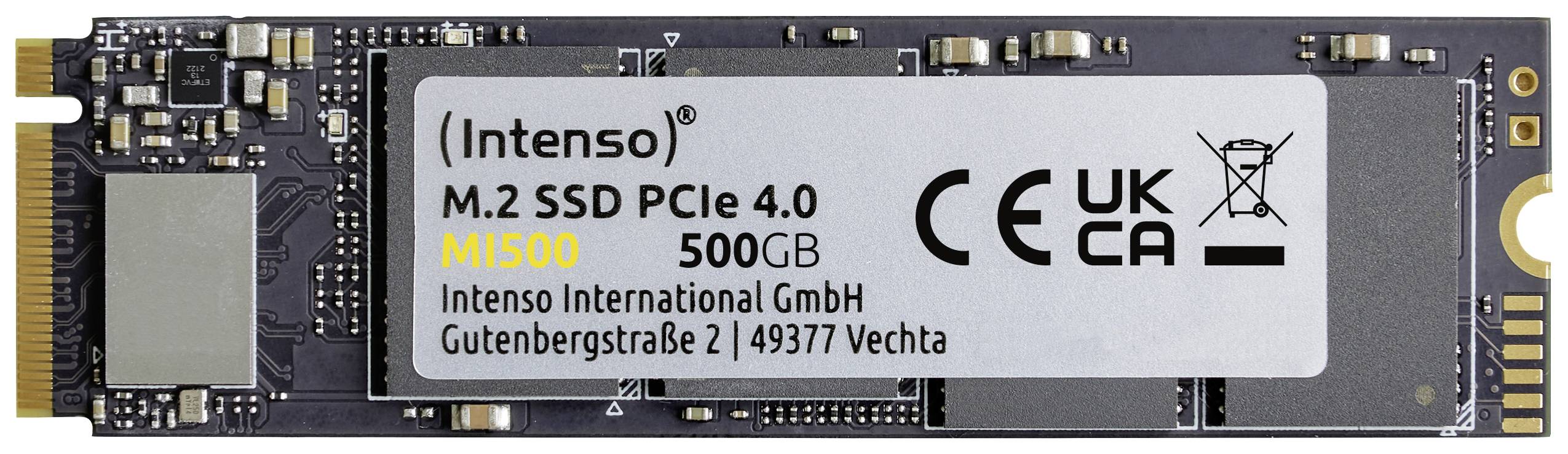 Intenso M.2 SSD PCIe 4.0 'M1500' mit 500GB Speicherkapazität. Silbernes Etikett zeigt Herstelleradresse und Sicherheitszertifizierungen.