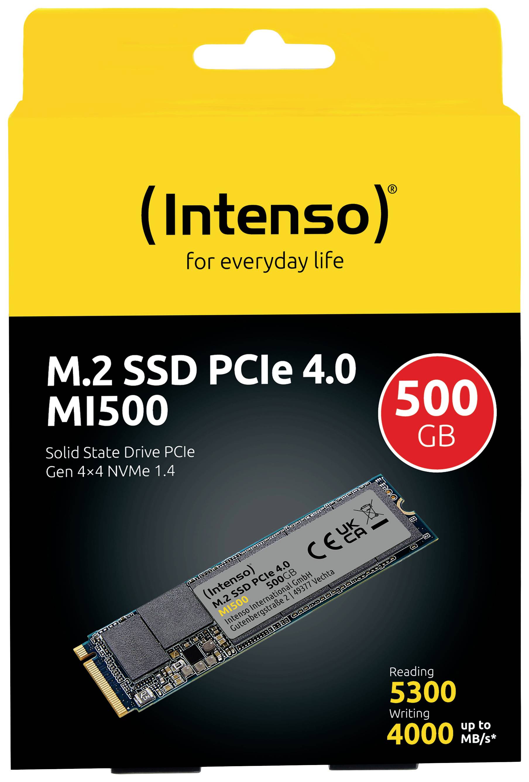 'Intenso M.2 SSD PCIe 4.0 MI500' mit 500 GB Kapazität, Lesegeschwindigkeit bis 5300 MB/s und Schreibgeschwindigkeit bis 4000 MB/s.