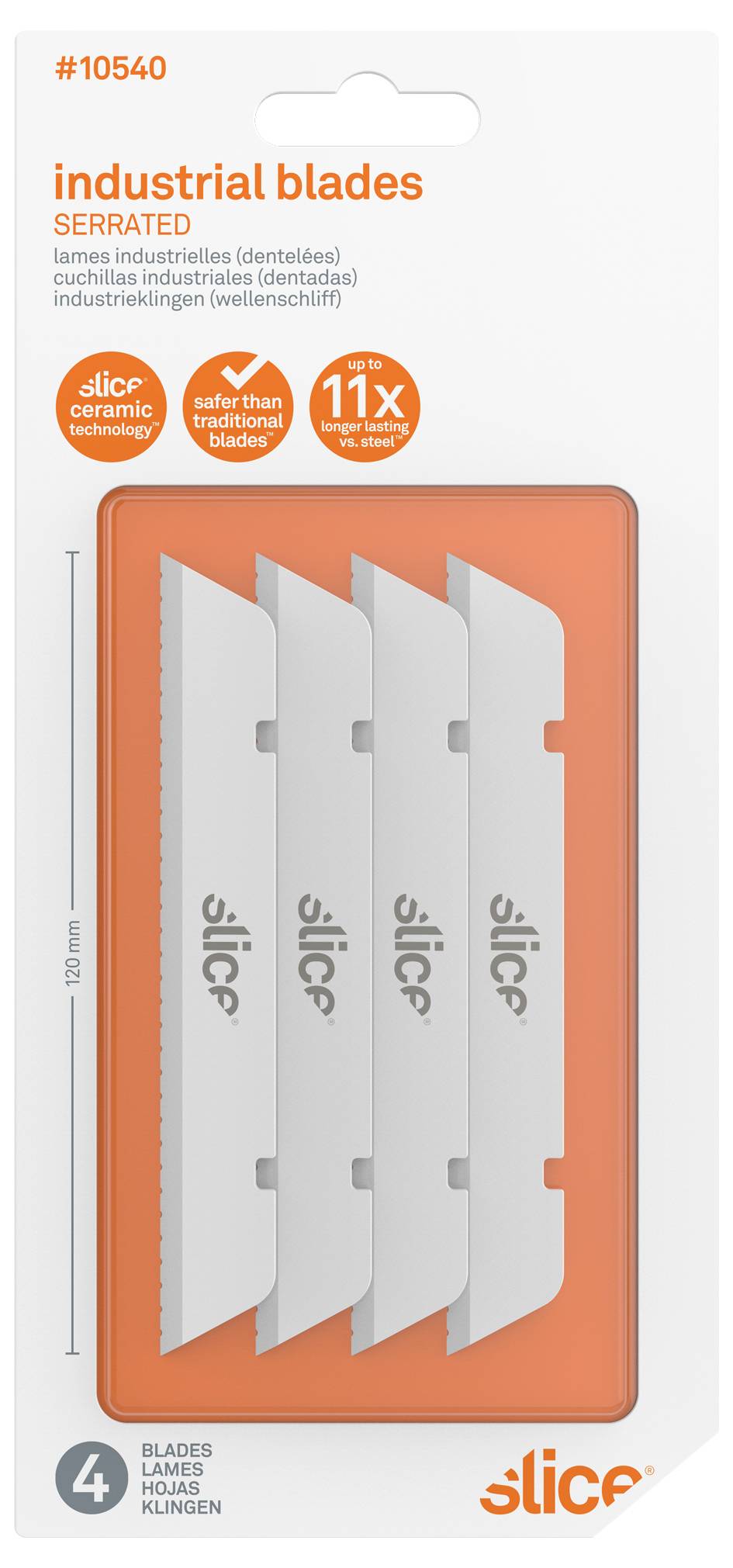 'Industrial Blades' Verpackung mit vier gezackten Klingen, geeignet für keramische Schneidewerkzeuge. Markierung '11x sicherer'.