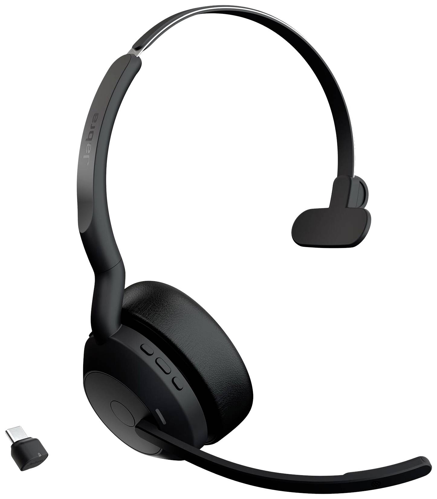 Kabelloses schwarzes Headset mit gepolstertem Ohrhörer und Mikrofon. Steckbarer USB-Empfänger daneben. Geeignet für Telefonate.