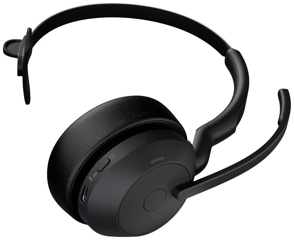 Ein schwarzes, kabelloses Headset mit Mikrofon und Ohrpolstern. Es verfügt über Bedienelemente an der Seite. Geeignet für Anrufe und Musik.
