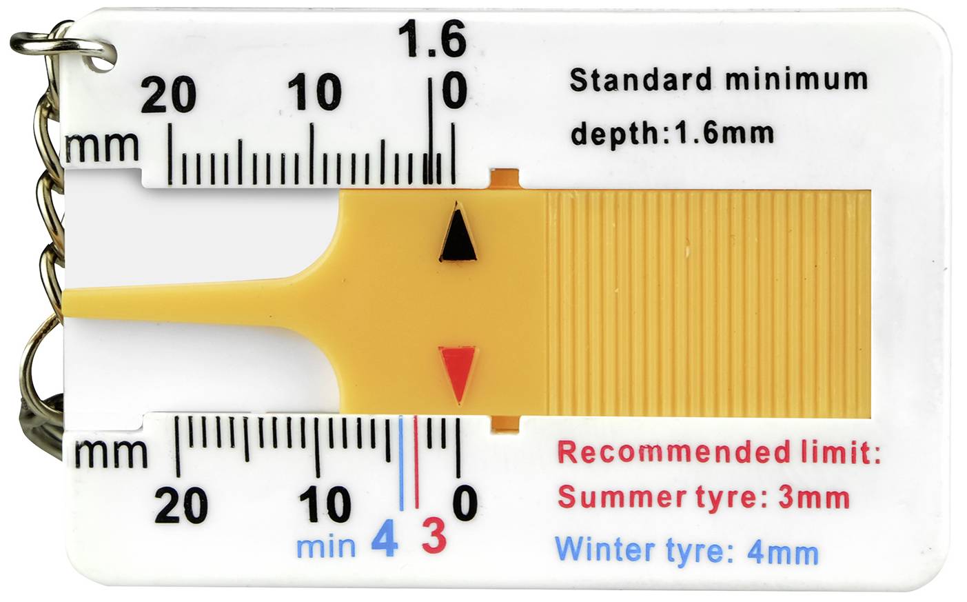 Messwerkzeug zur Überprüfung der Profiltiefe von Reifen. Zeigt Standard-Mindesttiefe von 1,6 mm, Sommerreifen-Grenze von 3 mm, Winterreifen 4 mm.
