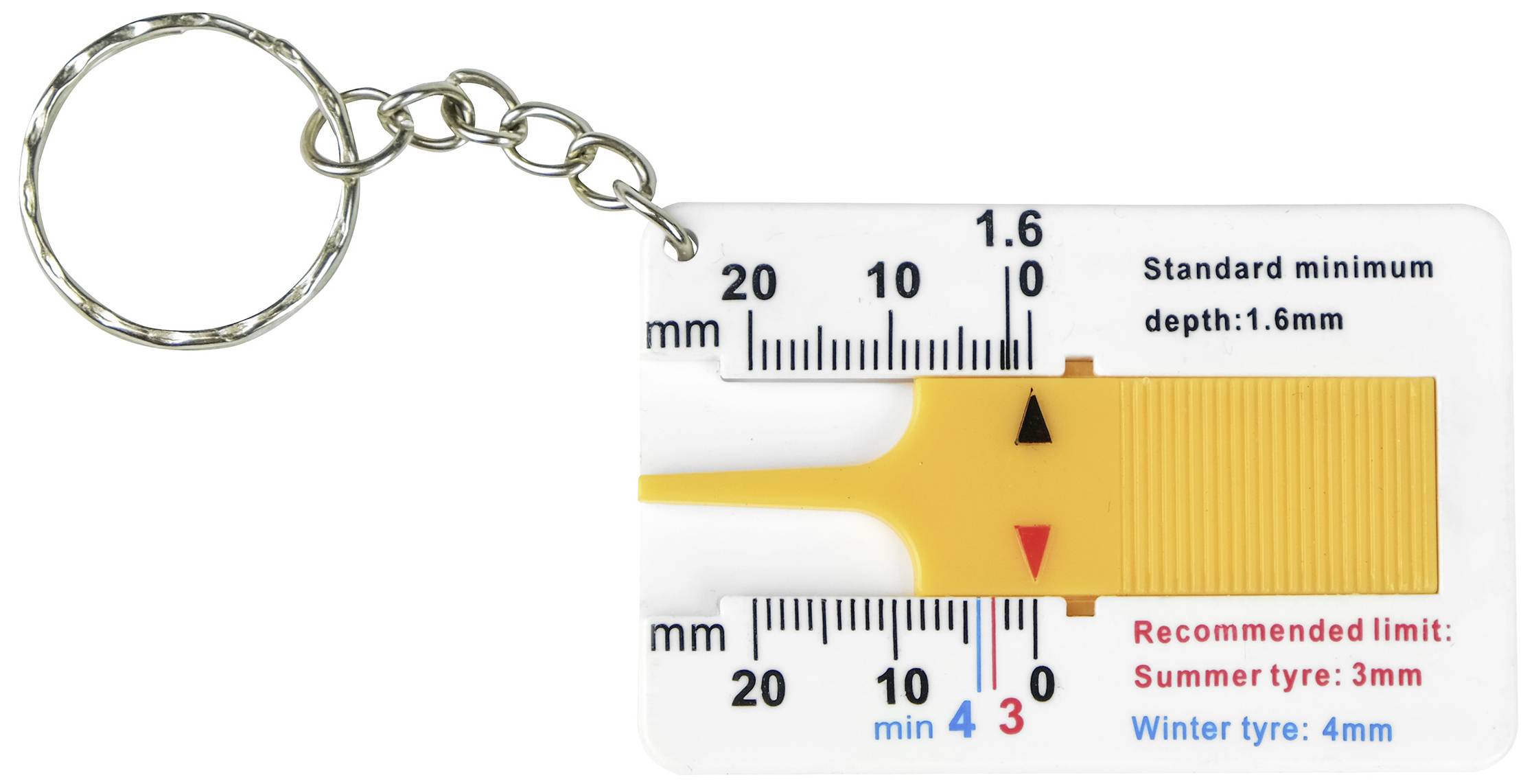 Ein Reifenprofilmesser mit Skala, Kette und Markierungen für Sommer- und Winterreifen. Mindesttiefe 1,6 mm, Sommer 3 mm, Winter 4 mm.
