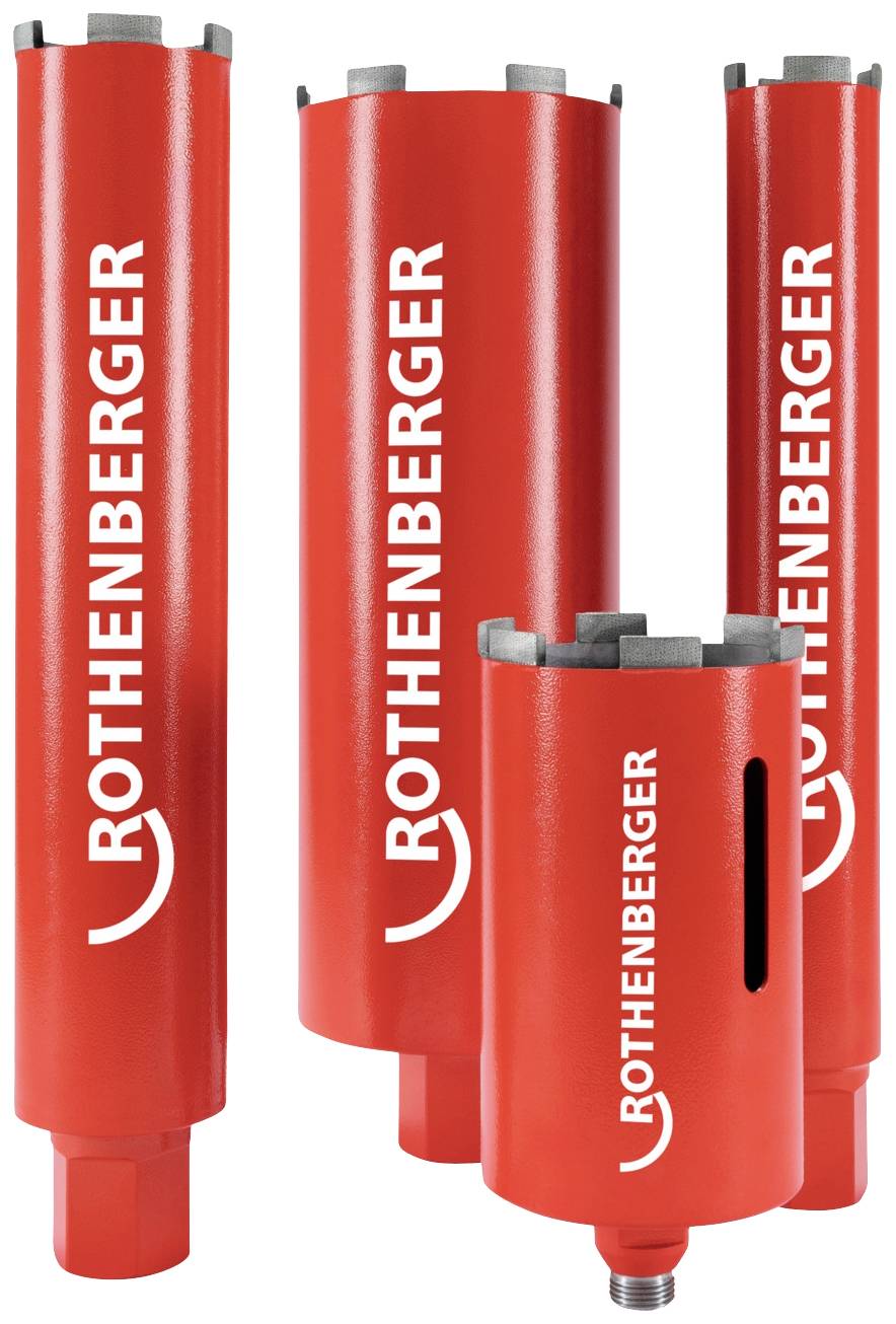Rote Bohrkronen mit der Aufschrift 'ROTHENBERGER' in verschiedenen Größen, vor weißem Hintergrund arrangiert.