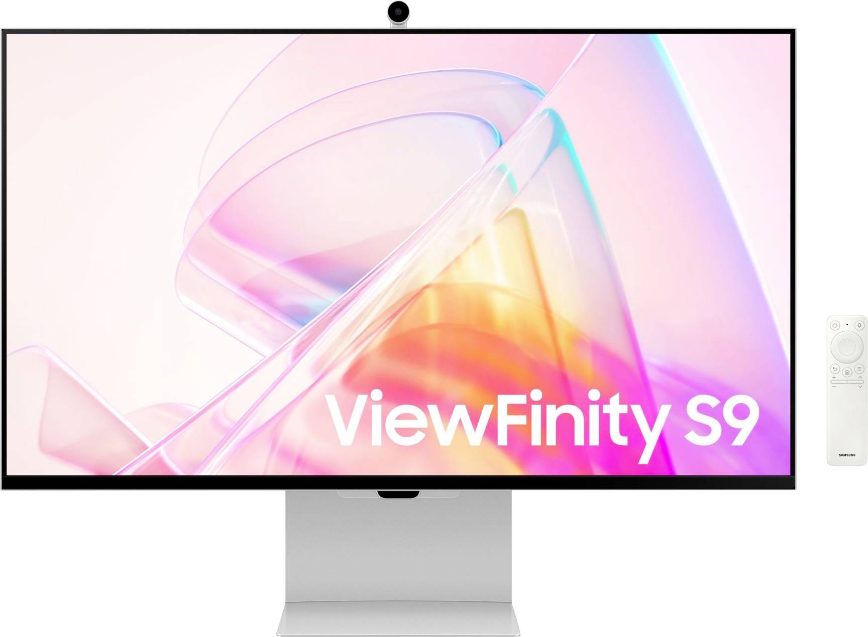 Ein moderner Computerbildschirm mit der Aufschrift 'ViewFinity S9', daneben eine schlanke Fernbedienung.