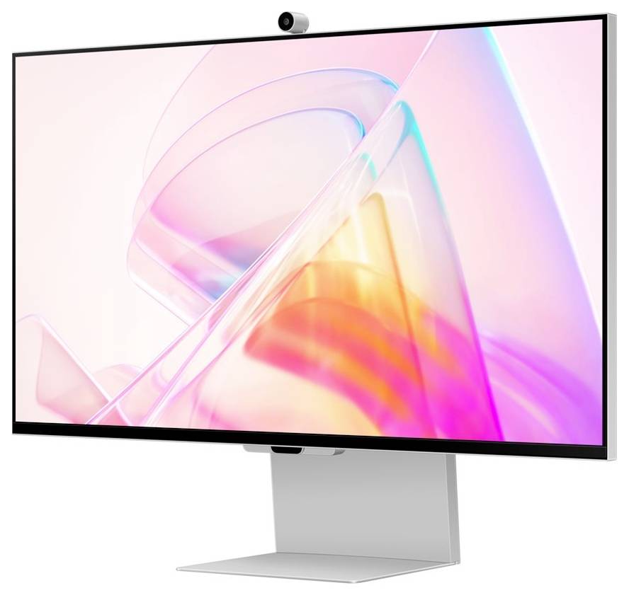 Ein moderner Computerbildschirm mit integriertem Lautsprecher und Webkamera, zeigt ein farbenfrohes abstraktes Design.