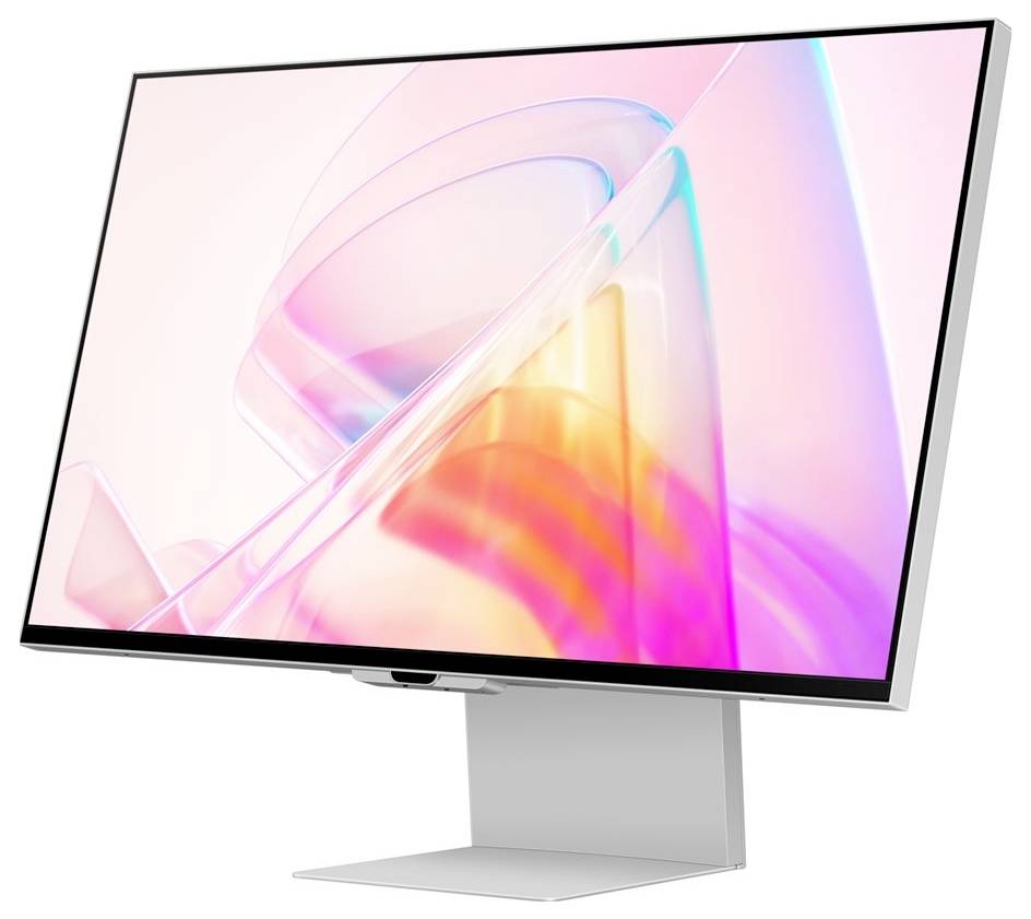 Ein stilvoller Monitor mit farbenfroher abstrakter Grafik auf dem Bildschirm, montiert auf einem schlanken weißen Ständer.