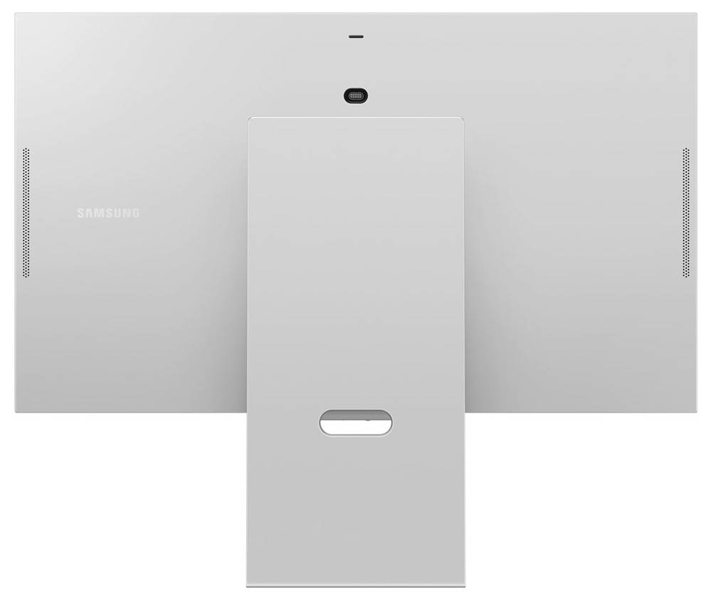 Der Monitor von hinten in Silber, mit zentralem Standfuß und sichtbarem Markennamen, bietet minimalistische Ästhetik und moderne Funktionalität.