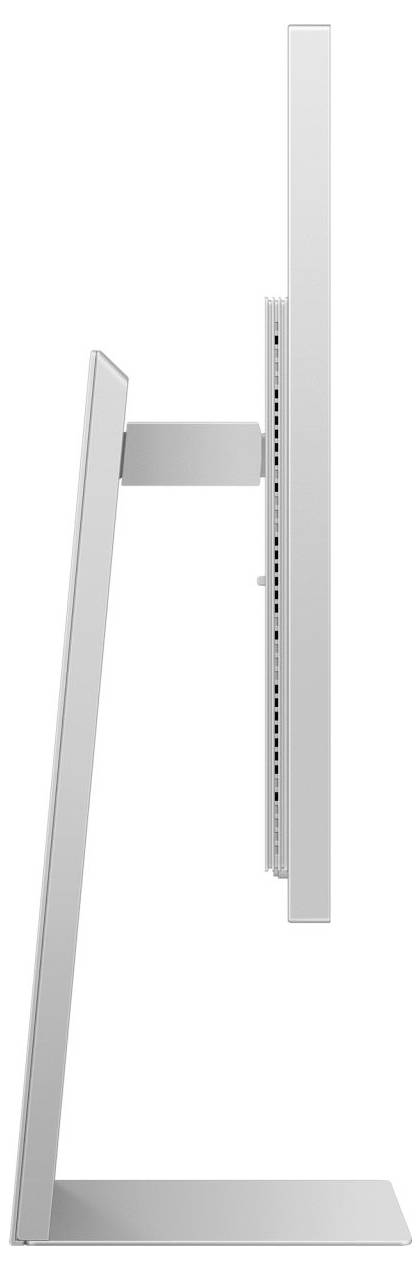 Seitenansicht eines modernen, schlanken Computerbildschirms auf einem schwenkbaren Standfuß. Minimalistisches Design, silberne Farbe.
