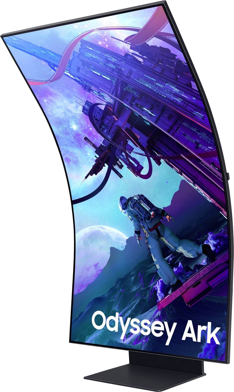 Ein gebogener Monitor zeigt ein Science-Fiction-Motiv: ein Astronaut vor einer futuristischen Stadt und einem blauen Himmel.