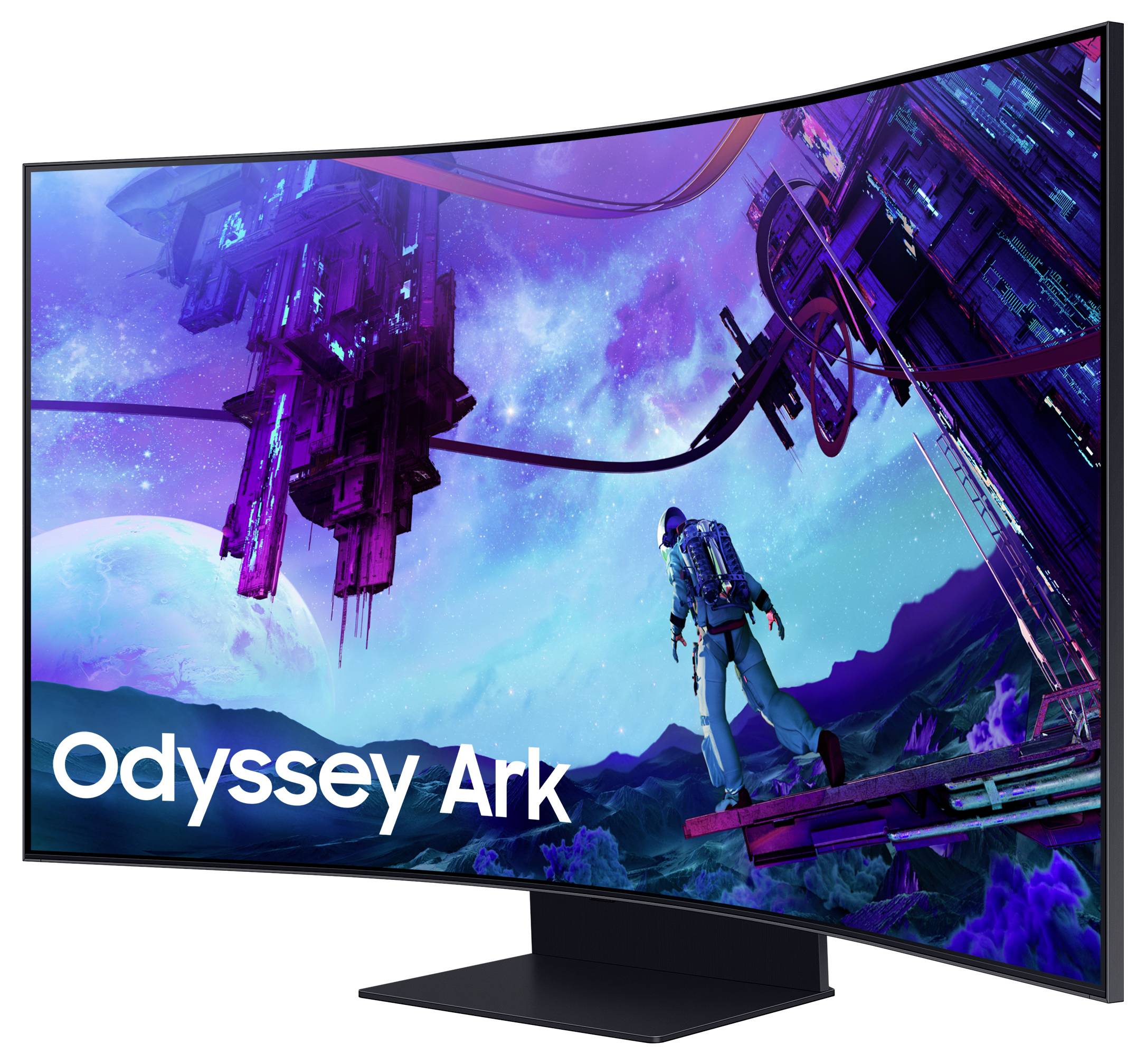 Ein Astronaut steht auf einer futuristischen Plattform unter lila-blauem Himmel. Text auf dem Bildschirm: 'Odyssey Ark'.