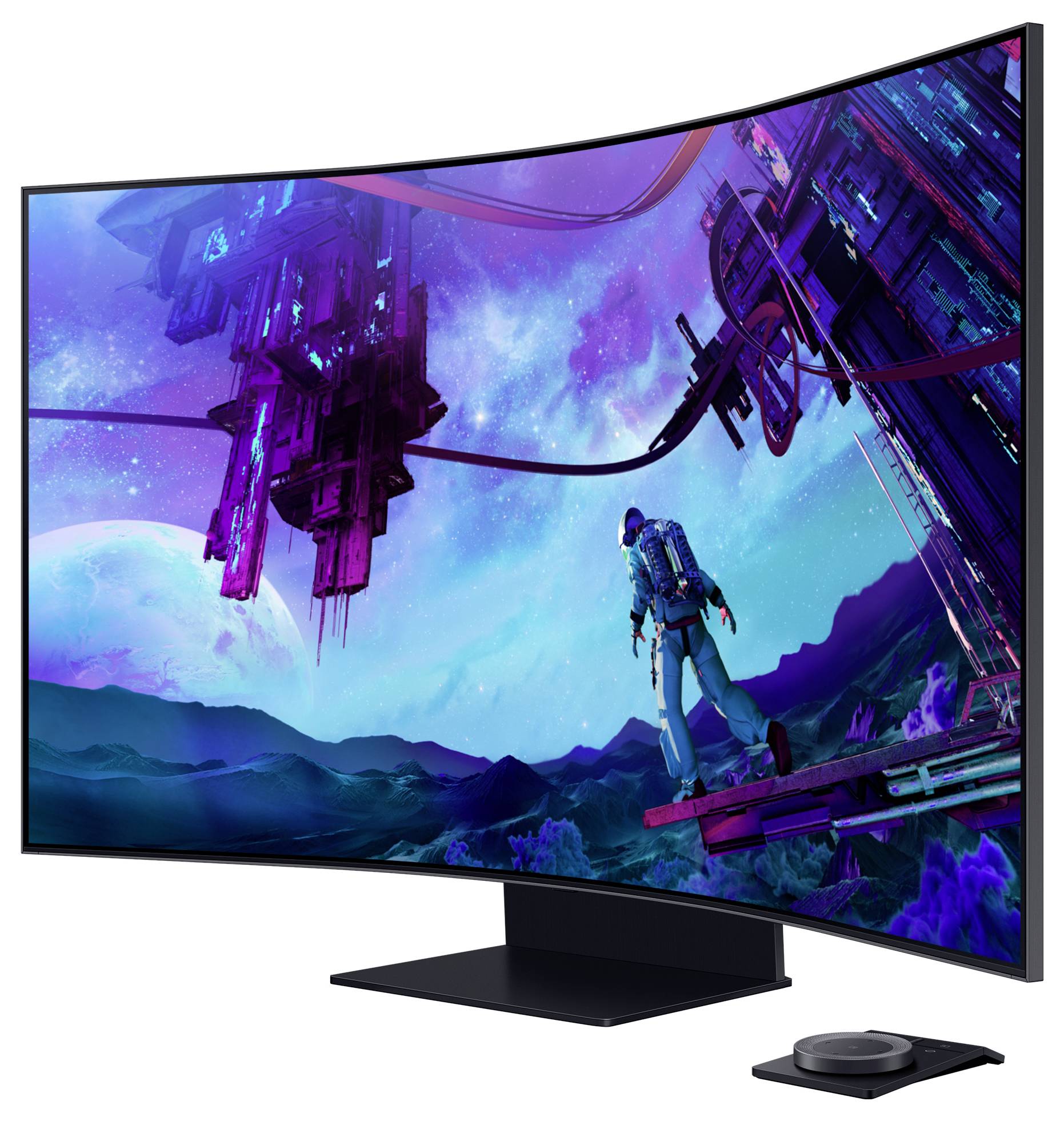 Ein moderner, gebogener Monitor zeigt eine Sci-Fi-Szene mit einem Astronauten, der auf einer Plattform im Weltraum steht. Eine Fernbedienung ist vorne zu sehen.