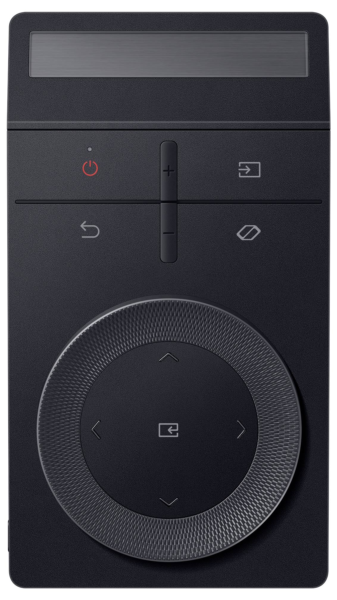 Schwarze Fernbedienung mit D-Pad, Power-Taste, Lautstärkeregelung und weiteren Funktionstasten.