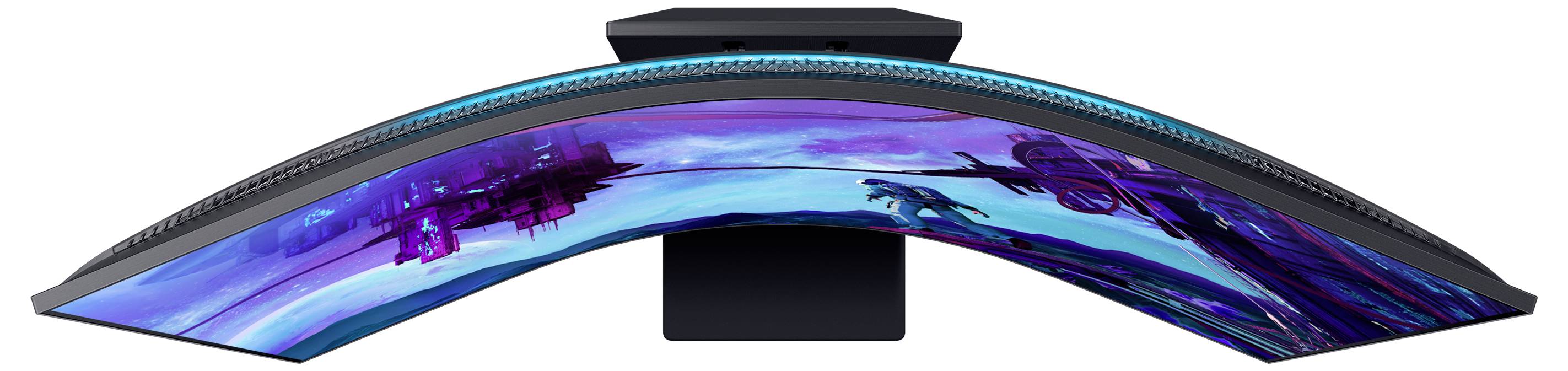 Gekrümmter Monitor, zeigt futuristisches Spielbild mit blau-lila Tönen. Erzeugt ein immersives visuelles Erlebnis für Gaming.