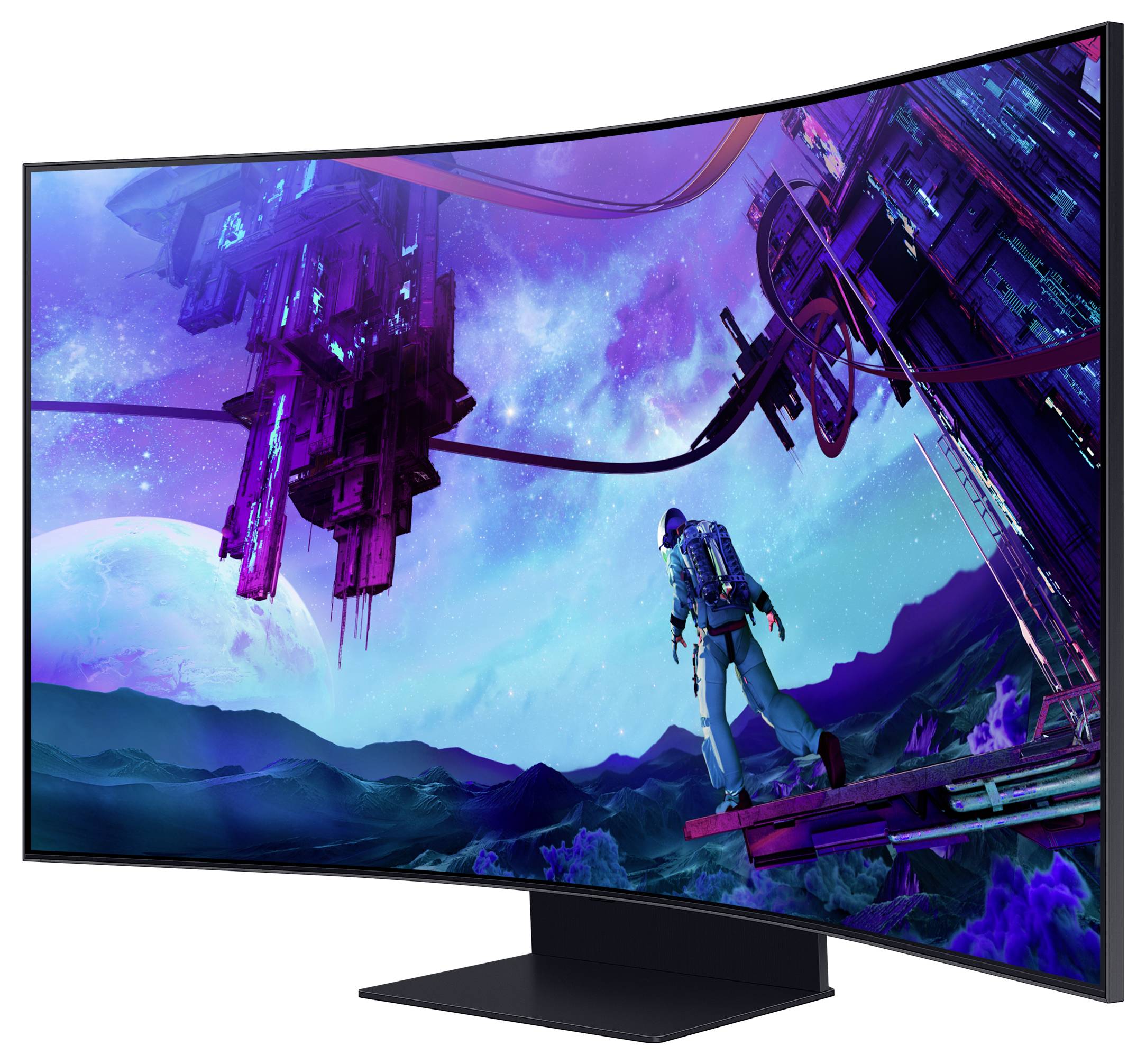 Ein farbenfrohes, kurviges Display mit einer Weltraumszene zeigt einen Astronauten vor futuristischer Architektur und einem Planeten.