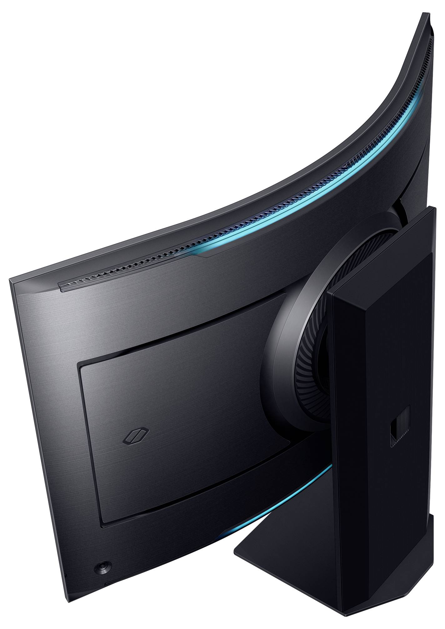 Gebogener Monitor in seitlicher Ansicht mit blauem Leuchteffekt an der Rückseite.