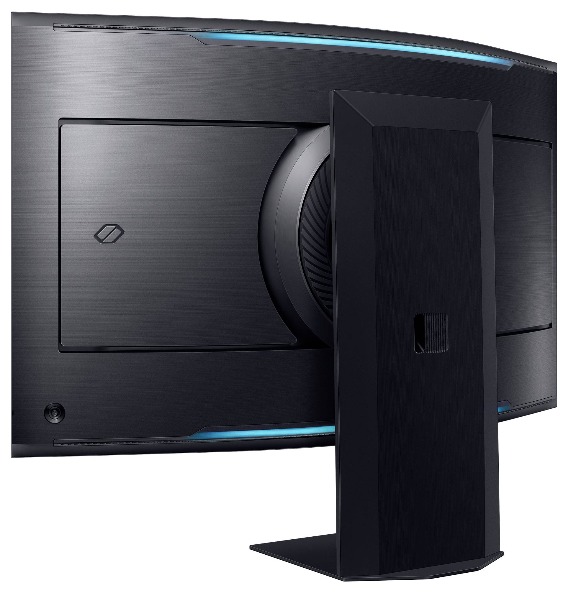 Rückansicht eines gebogenen Computerbildschirms mit blauem LED-Lichtstreifen und schwarzem Standfuß auf weißem Hintergrund.