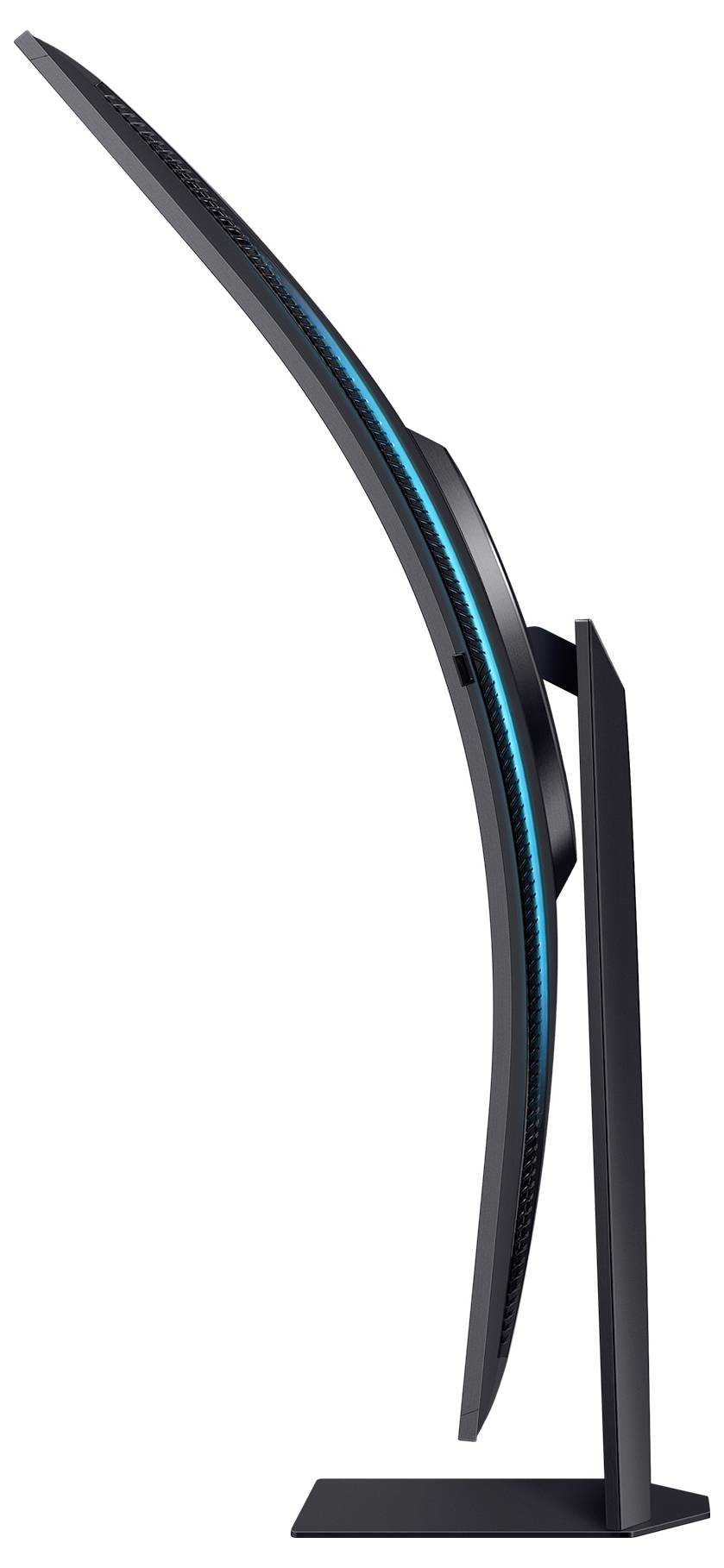 Ein gekrümmter Computerbildschirm von der Seite, mit schlankem schwarzen Rahmen und blauem Lichteffekt auf der Rückseite.