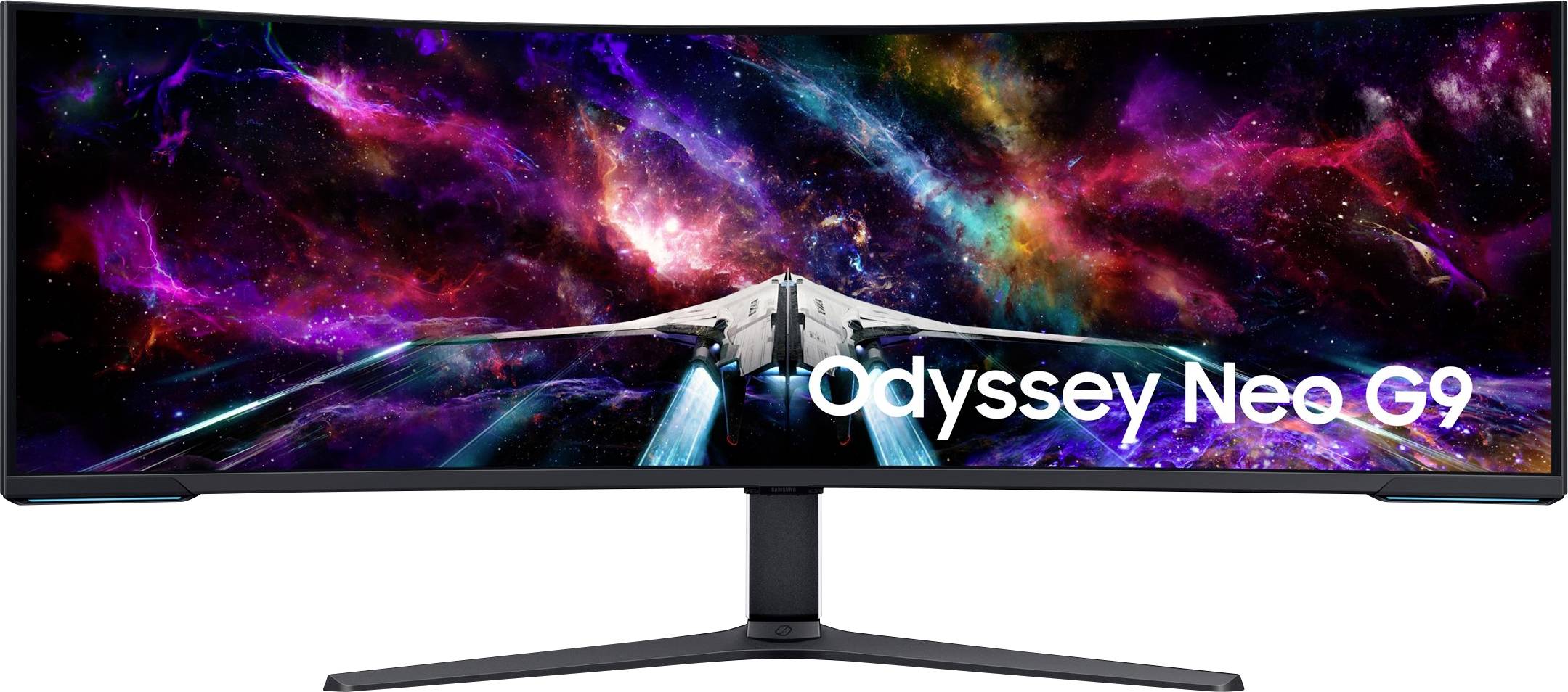 Ein breiter Curved-Monitor mit einem Raumschiff-Motiv auf dem Bildschirm. 'Odyssey Neo G9' steht unten rechts im Bild.