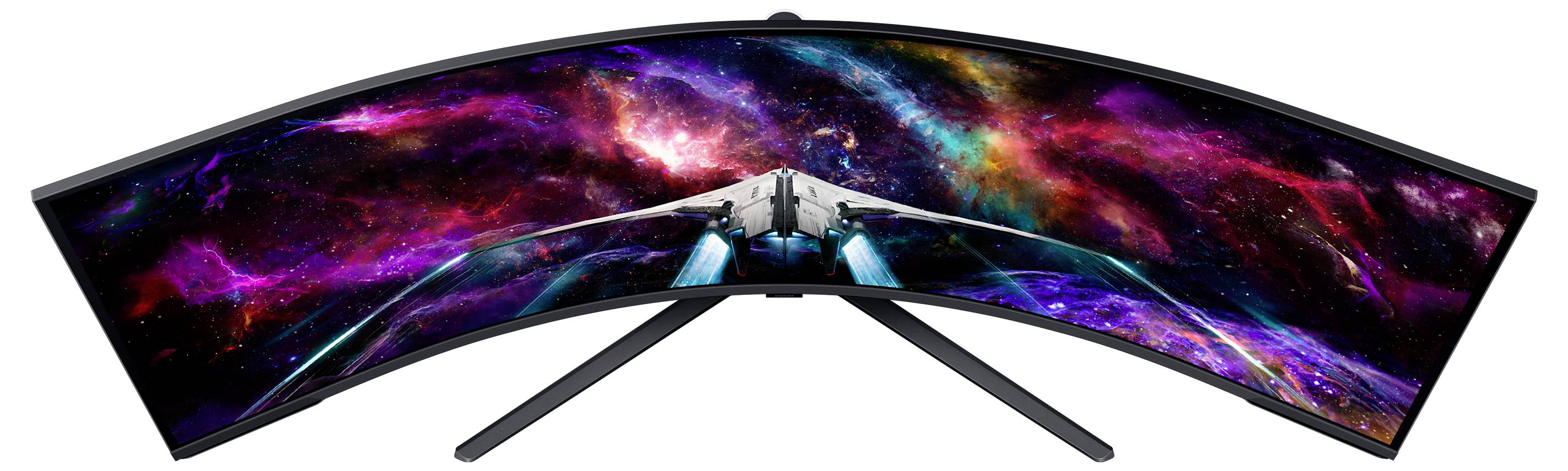 Ein gebogener Gaming-Monitor zeigt ein farbenfrohes Weltraumspiel mit einem futuristischen Raumschiff im Zentrum des Bildschirms.