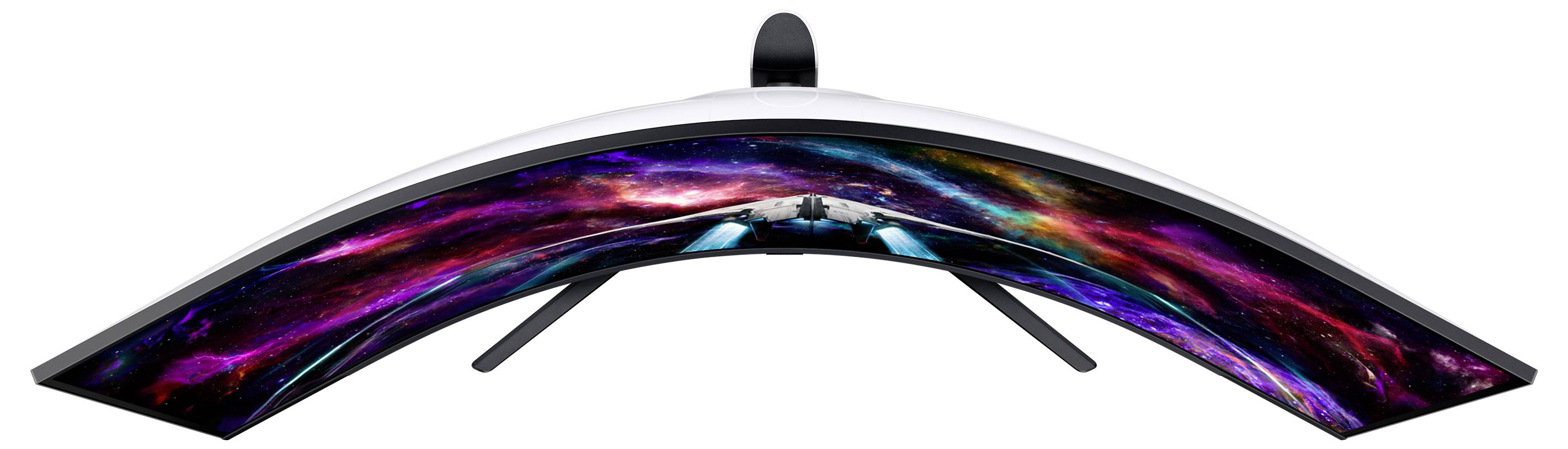 Ein gebogener Monitor mit Gaming-Szene zeigt ein Raumschiff vor einem bunten Galaxie-Hintergrund. Hochwertige, immersive Anzeige.