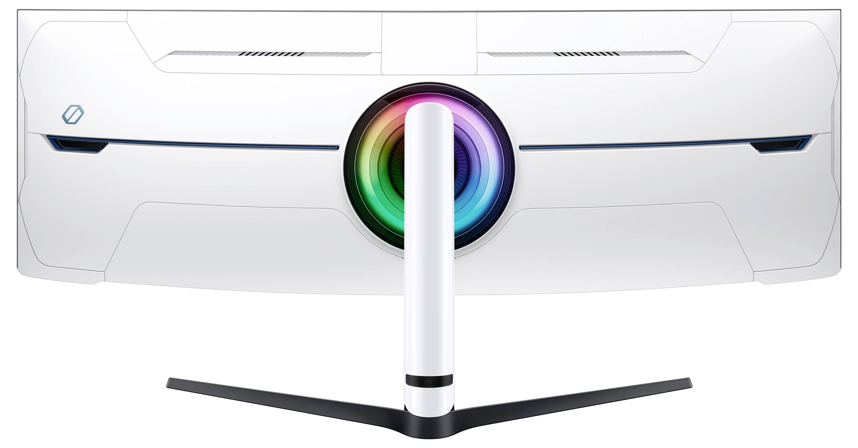 Ein weißer, gewölbter Monitor mit einem zentralen, runden, mehrfarbigen Beleuchtungselement auf einem schlanken, schwarzen Standfuß.