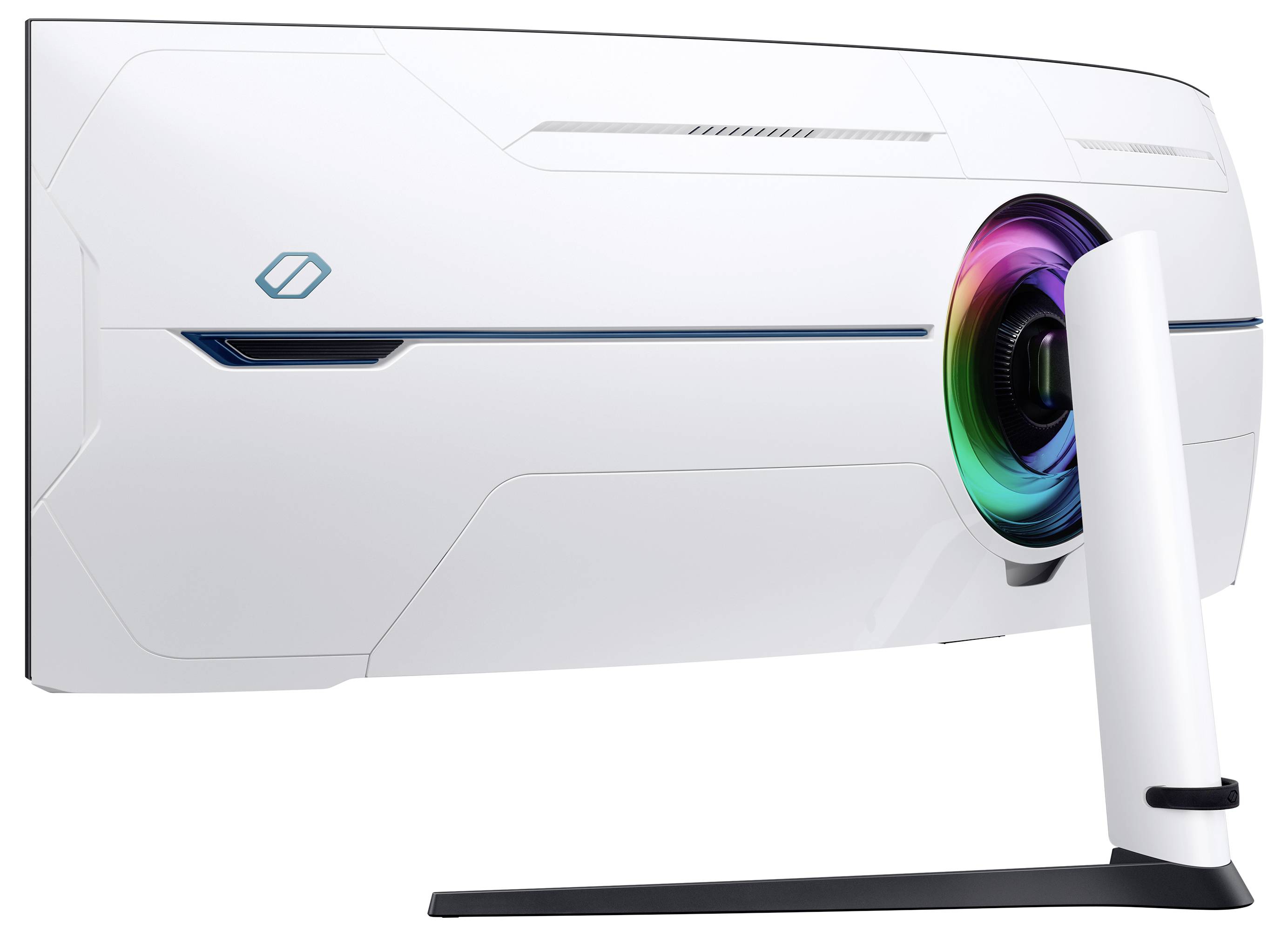 Ein weißer, gebogener Computerbildschirm mit buntem LED-Kreis auf der Rückseite, von der Seite betrachtet.