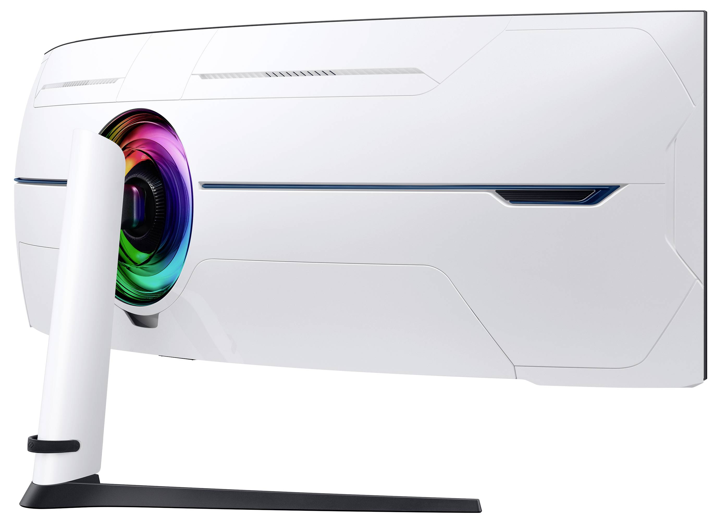 Ein gebogener, weißer Gaming-Monitor von hinten, mit einem leuchtenden, mehrfarbigen Kreis in der Mitte.