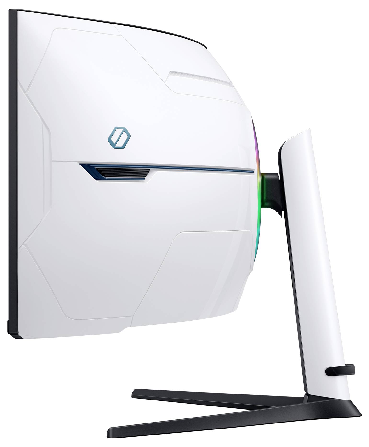 Ein stilvoller weißer Gaming-Monitor mit futuristischem Design und RGB-Beleuchtung, montiert auf einem modernen schwarzen Standfuß.