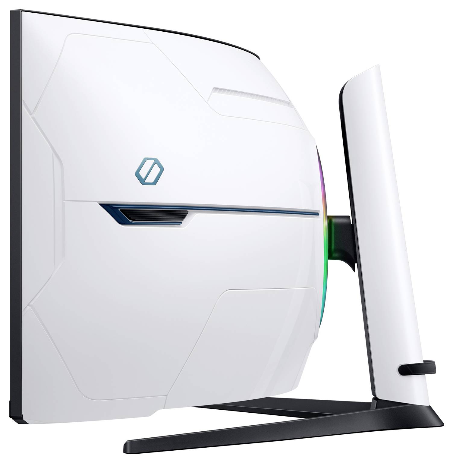 Ein moderner, weißer Gaming-Monitor mit gebogenem Design und LED-Beleuchtung, seitlich von rechts betrachtet.