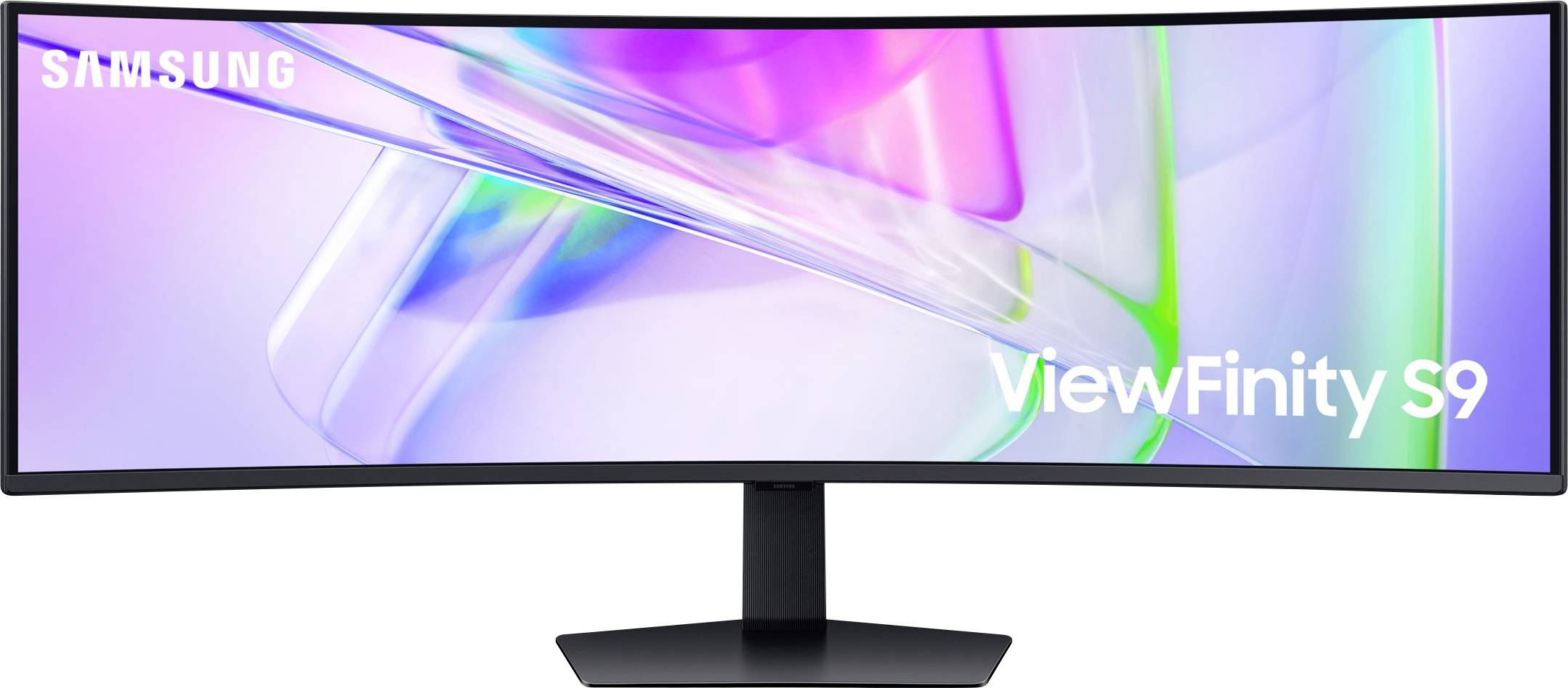 Ein gebogener Samsung Monitor, Modell ViewFinity S9, mit farbenfrohem Bildschirmmotiv.
