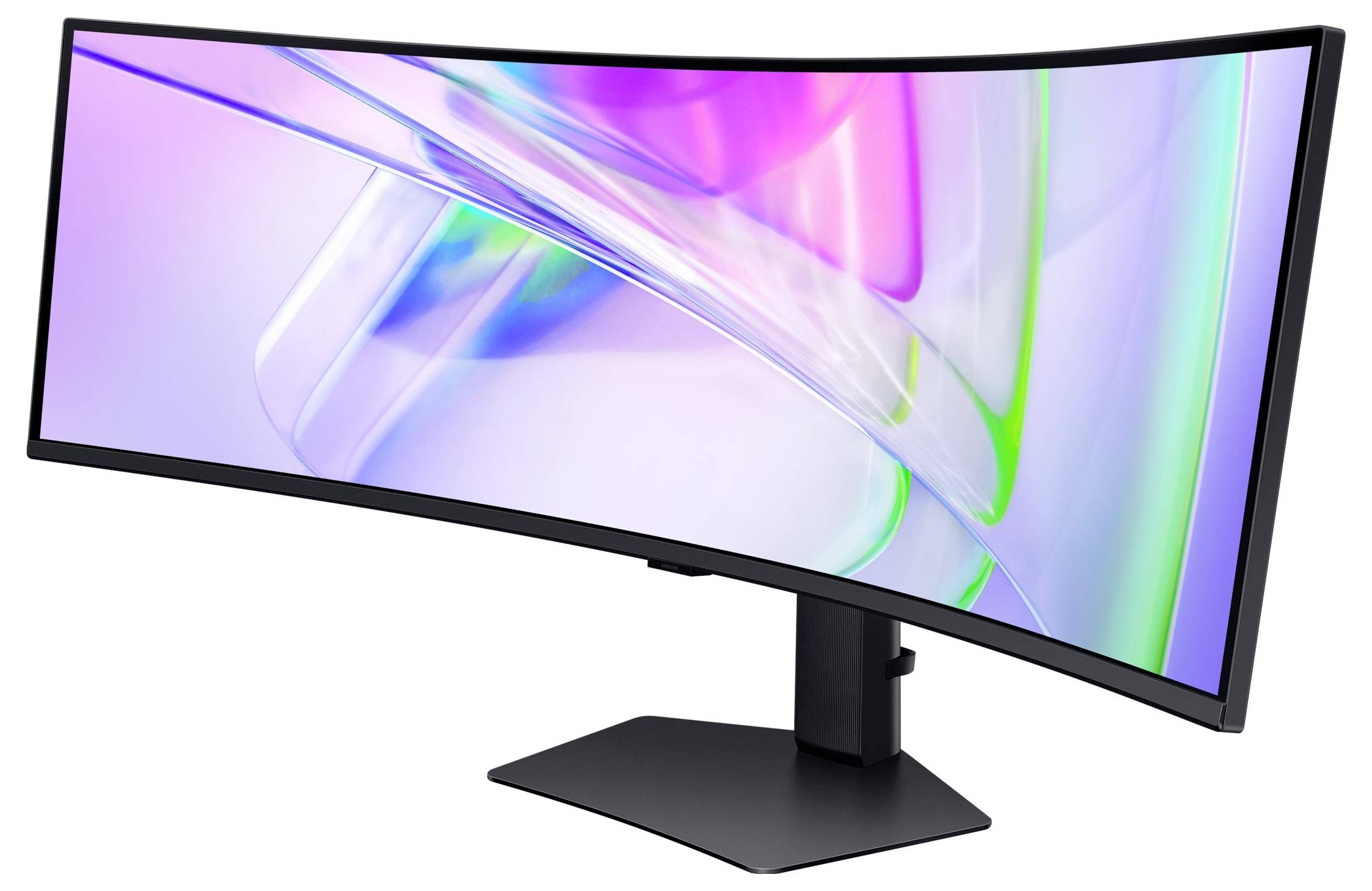 Ein ultrabreiter, gebogener Monitor mit schmalem Rahmen auf einem stabilen Standfuß. Das Display zeigt abstrakte, bunte Formen.