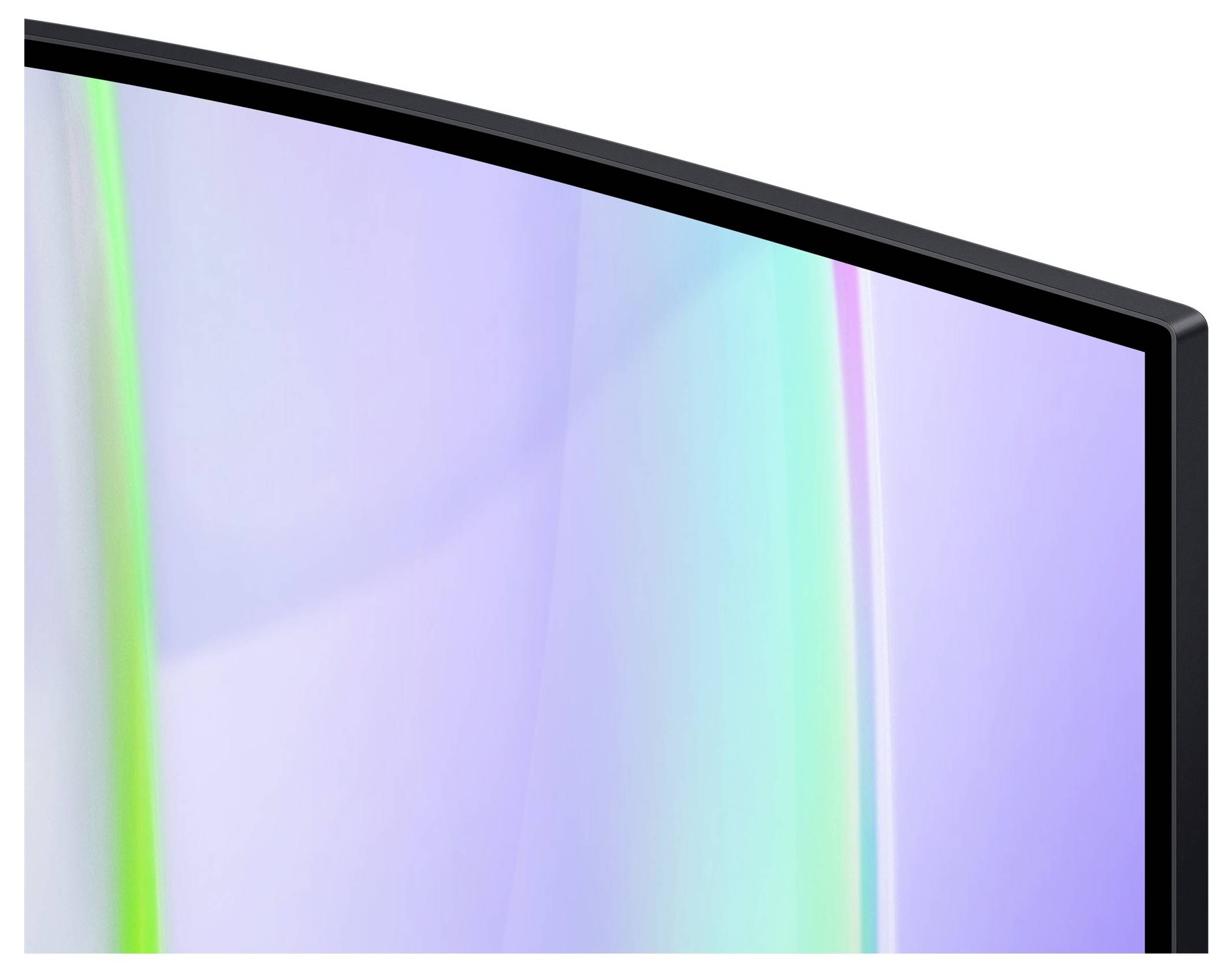 Curved Fernseher-Bildschirm von der Seite, zeigt eine flüssige, farbenreiche Anzeige mit lila, blauen und grünen Tönen.