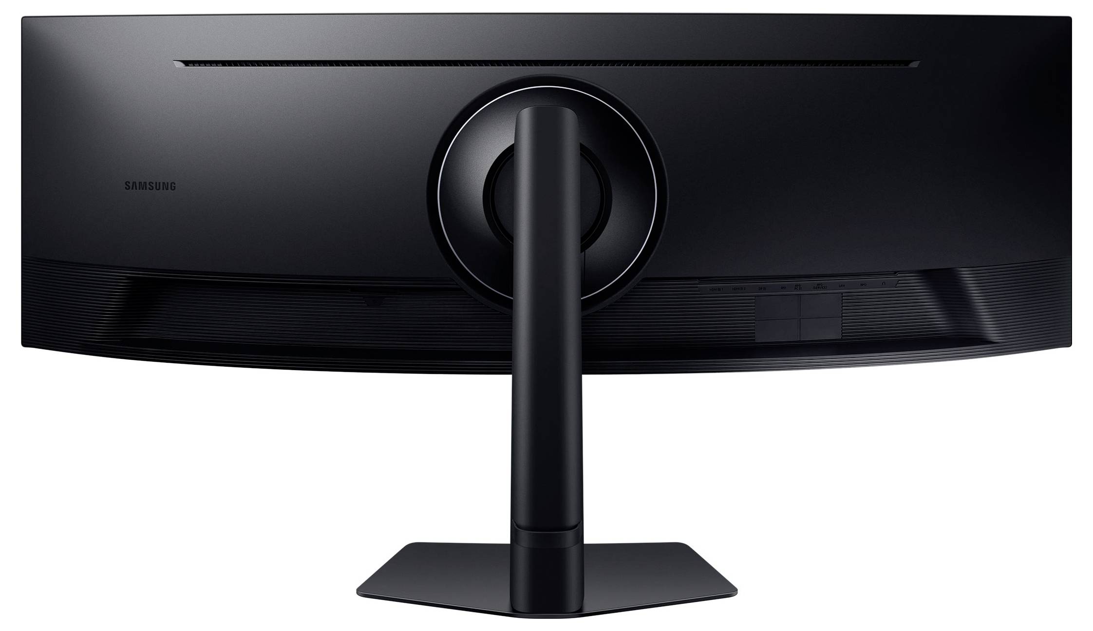 Rückansicht eines schwarzen, gebogenen Monitors auf einem Standfuß. Der Monitor ist breit und für Gaming oder Multimedia geeignet.