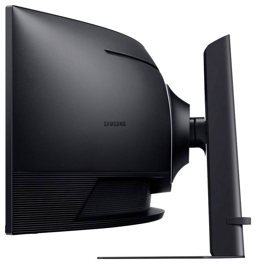 Seitenansicht eines schwarzen Samsung-Monitors mit schlankem Design und gebogenem Bildschirm, auf einem stabilen Standfuß montiert.
