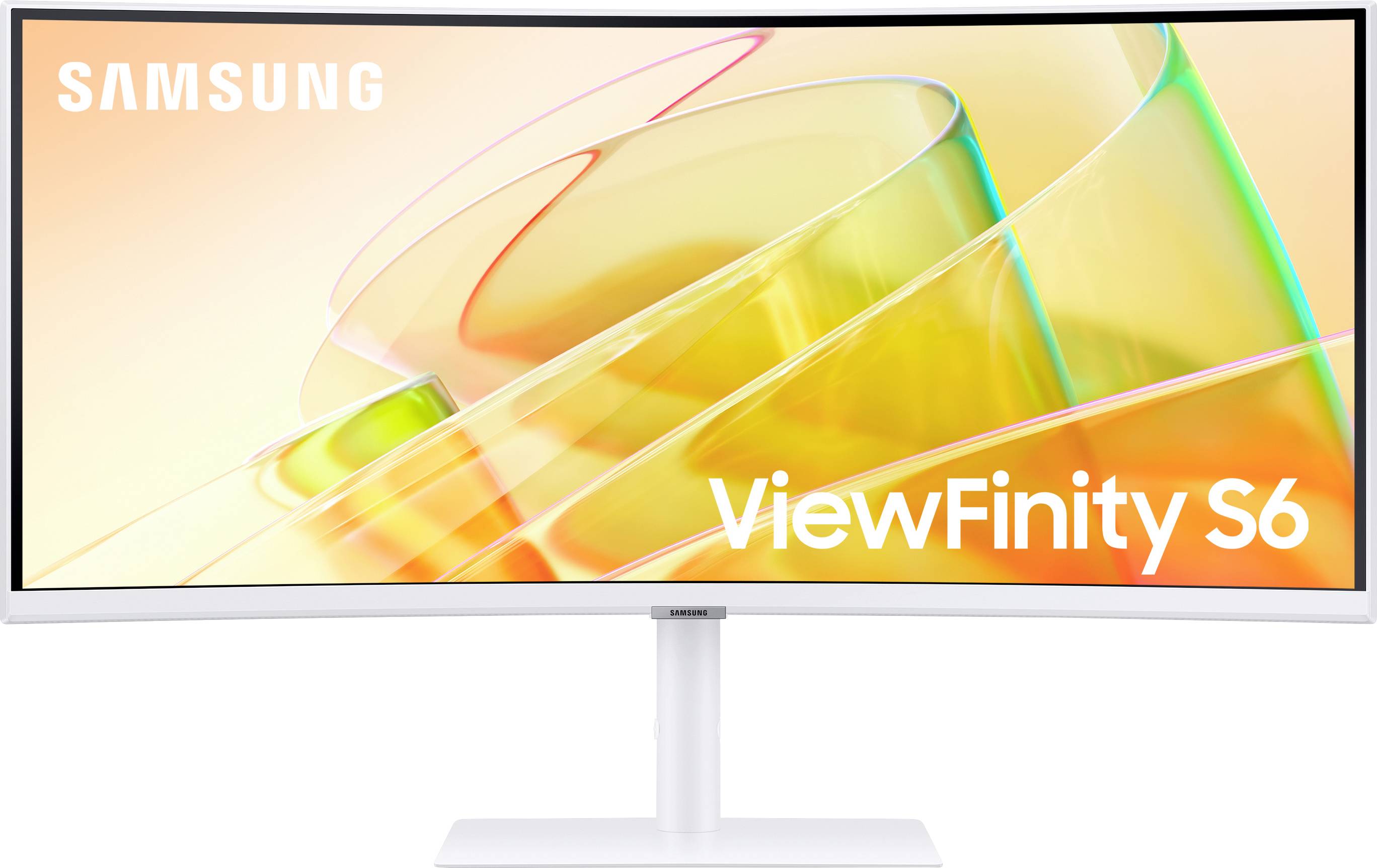 Ein gebogener Samsung ViewFinity S6 Monitor mit weißem Standfuß. Auf dem Bildschirm sind abstrakte, bunte Formen zu sehen.