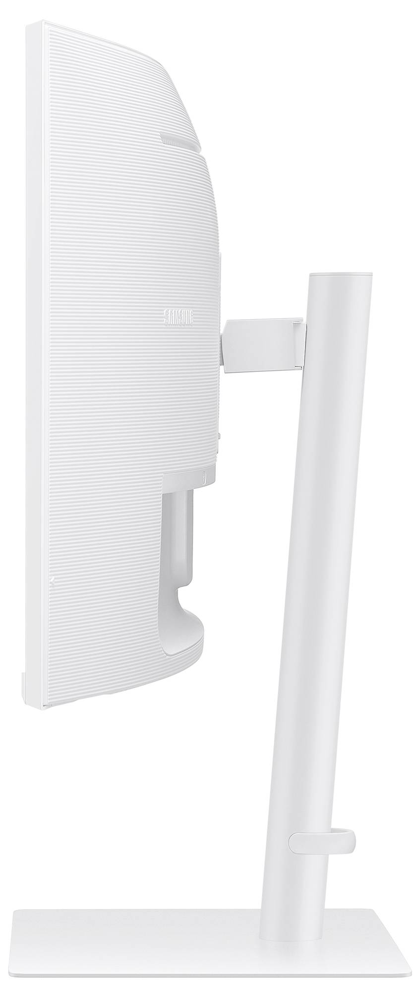 Seitenansicht eines modernen Computermonitors in weiß, montiert auf einem Standfuß. Der Bildschirm ist schlank und minimalistisch.