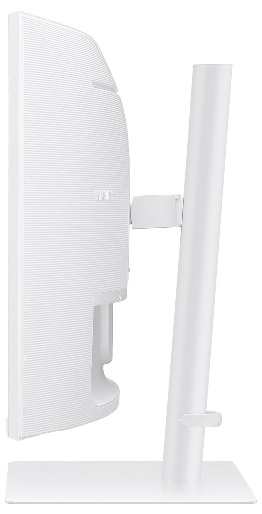 Seitenansicht eines weißen Computermonitors auf einem Ständer. Rechteckiger Bildschirm mit schmalem Rahmen, vertikale Ausrichtung.