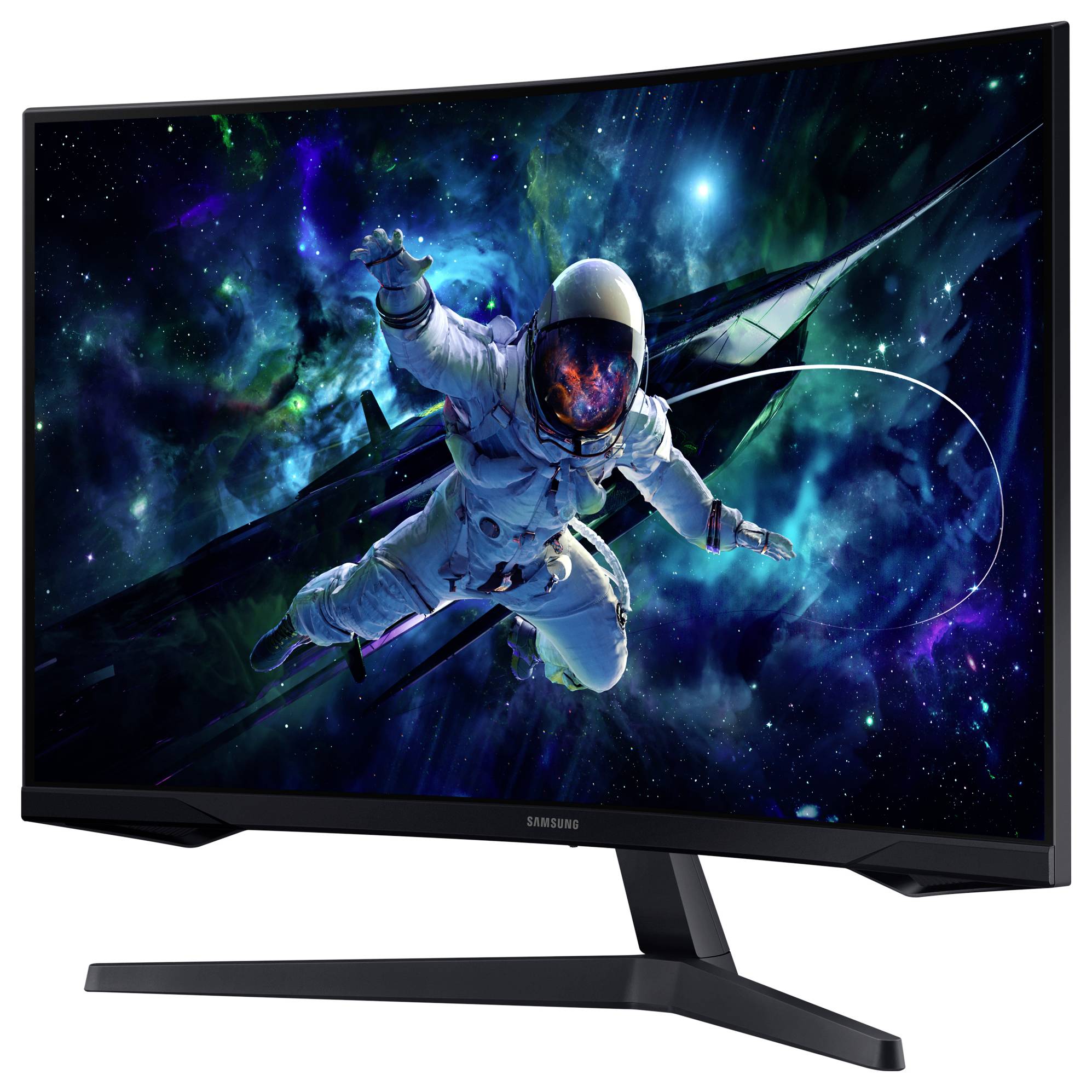 Ein Curved-Monitor zeigt das Bild eines schwebenden Astronauten im Weltraum mit einem farbenfrohen, galaktischen Hintergrund.