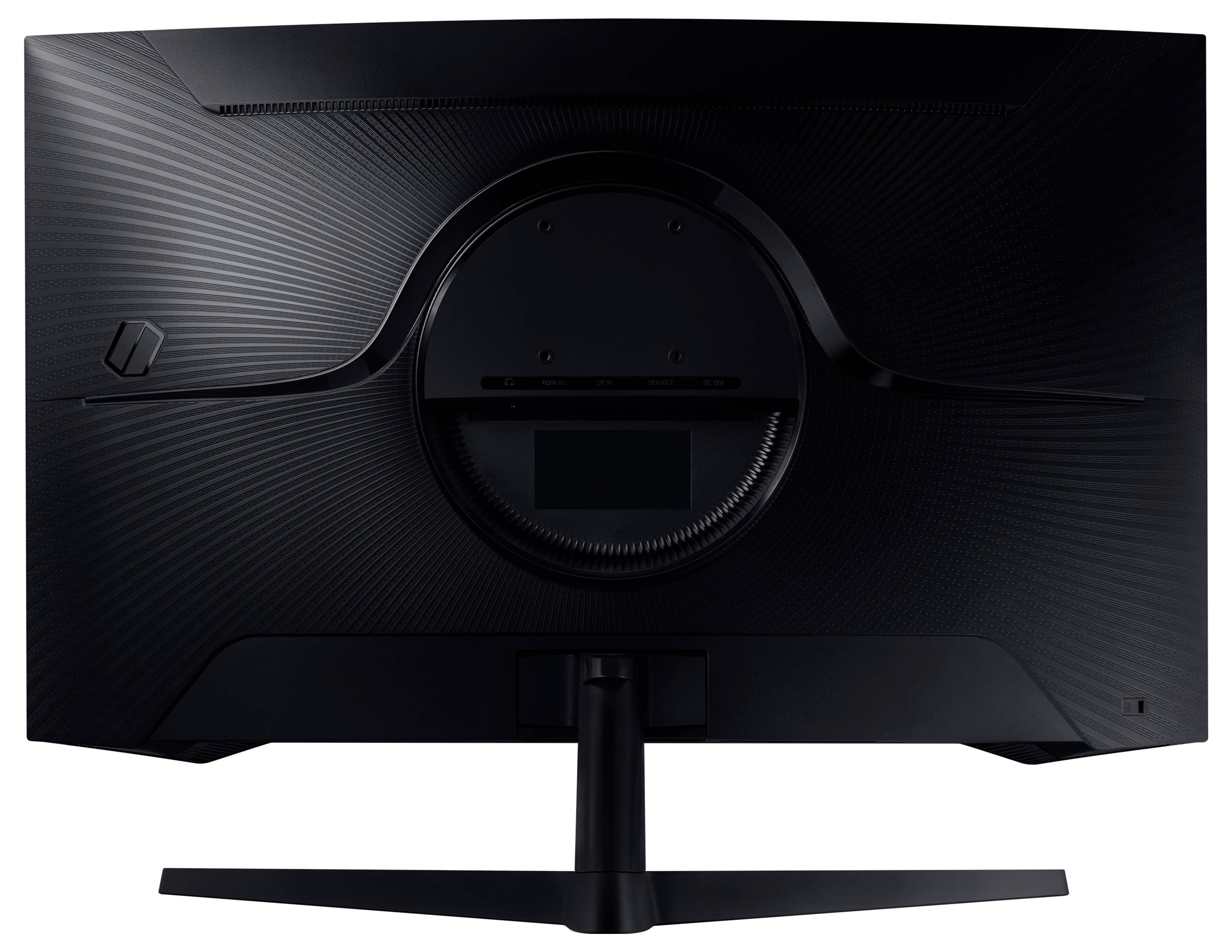 Rückansicht eines schwarzen Computermonitors mit gebogenem Design und strukturiertem Muster. Standfuß in der Mitte befestigt.