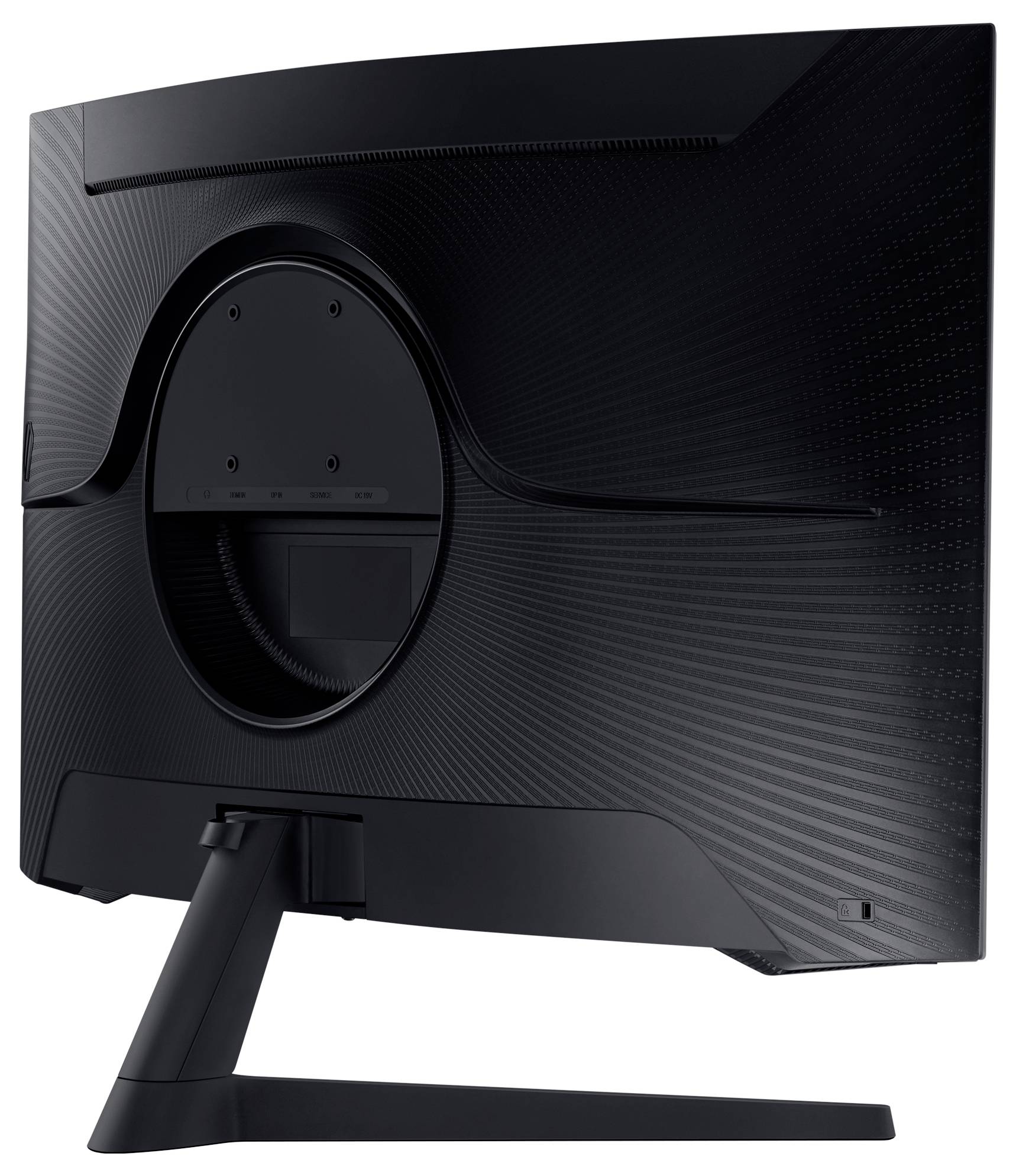 Ein schwarzer Computermonitor von hinten. Das Design zeigt eine geschwungene, strukturierte Rückseite mit einfachem Standfuß.