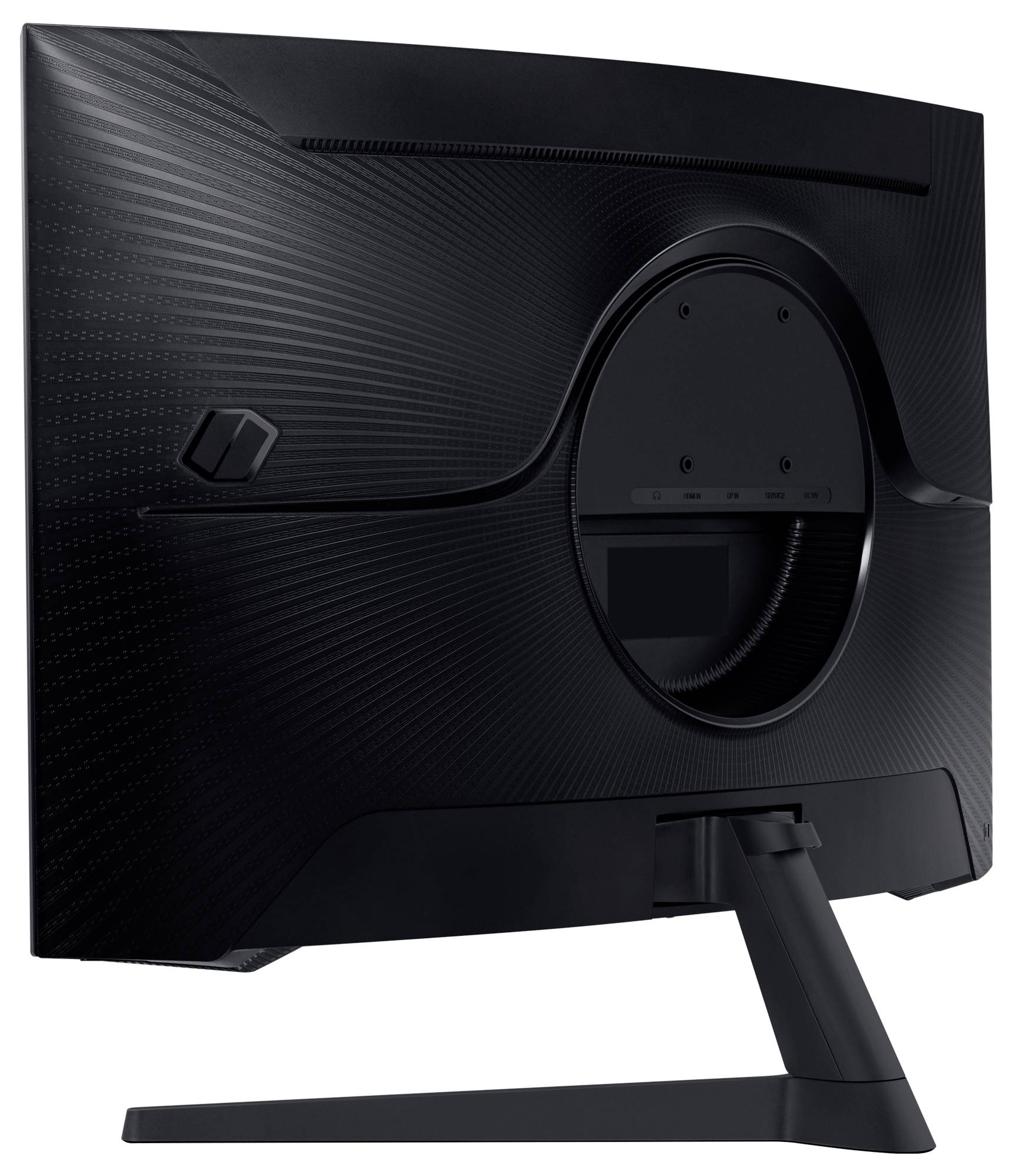 Schwarzer Computermonitor von hinten, zeigt einen Standfuß und eine strukturierte Oberfläche.